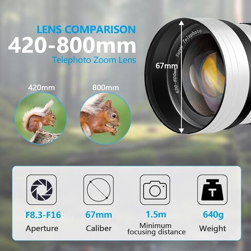 Upgrade 420-800mm f/8.3 Manual Telephoto Zoom Lens for Canon, Nikon, Sony Cameras, 3 Mount Telephoto Lens for Canon EF, Nikon F & Sony E-Mount, fits for EOS Rebel T7, D3500 (White) in Kuwait