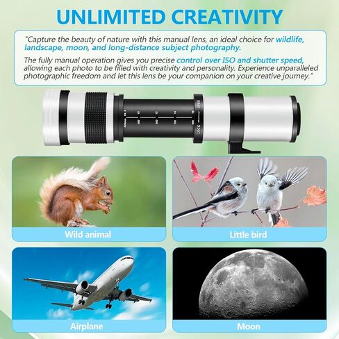 Upgrade 420-800mm f/8.3 Manual Telephoto Zoom Lens for Canon, Nikon, Sony Cameras, 3 Mount Telephoto Lens for Canon EF, Nikon F & Sony E-Mount, fits for EOS Rebel T7, D3500 (White) in Kuwait