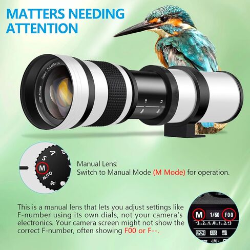 Upgrade 420-800mm f/8.3 Manual Telephoto Zoom Lens for Canon, Nikon, Sony Cameras, 3 Mount Telephoto Lens for Canon EF, Nikon F & Sony E-Mount, fits for EOS Rebel T7, D3500 (White) in Kuwait