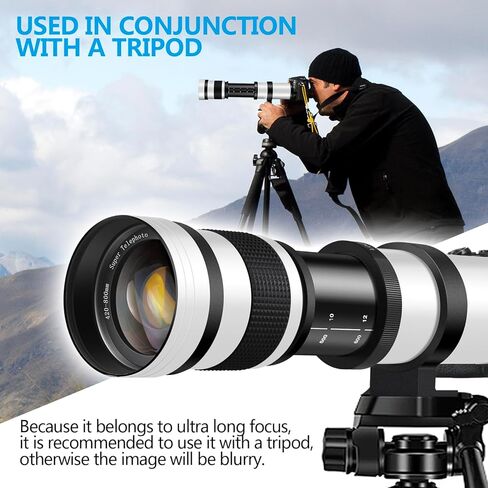 Upgrade 420-800mm f/8.3 Manual Telephoto Zoom Lens for Canon, Nikon, Sony Cameras, 3 Mount Telephoto Lens for Canon EF, Nikon F & Sony E-Mount, fits for EOS Rebel T7, D3500 (White) in Kuwait