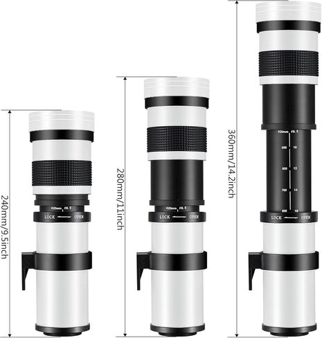 Upgrade 420-800mm f/8.3 Manual Telephoto Zoom Lens for Canon, Nikon, Sony Cameras, 3 Mount Telephoto Lens for Canon EF, Nikon F & Sony E-Mount, fits for EOS Rebel T7, D3500 (White) in Kuwait