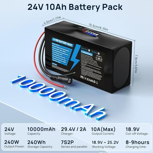 24V 10Ah Lithium Battery with LED Battery Indicator, 24V Rechargeable Battery with 29.4V 2A Charger, Cable Connector for DIY Projects, Boombox, Kids Ride On Cars in Saudi Arabia