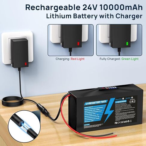 24V 10Ah Lithium Battery with LED Battery Indicator, 24V Rechargeable Battery with 29.4V 2A Charger, Cable Connector for DIY Projects, Boombox, Kids Ride On Cars in Saudi Arabia