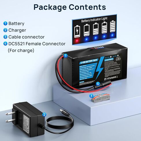 24V 10Ah Lithium Battery with LED Battery Indicator, 24V Rechargeable Battery with 29.4V 2A Charger, Cable Connector for DIY Projects, Boombox, Kids Ride On Cars in Saudi Arabia