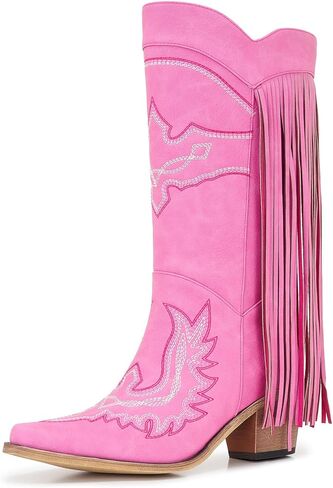 Women Mid Calf Western Cowboy Boots with Fringe Tassel and Embroidered Design, Pink Cowgirl Boots with Square Toe and Mid Heel Classic Western Style in Kuwait