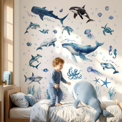 ملصقات جدارية لحيوانات المحيط من DECOWALL - ملصقات جدارية للحياة البحرية للحوت والقرش والدلافين بألوان مائية لغرفة نوم الأطفال والحضانة وغرفة اللعب، لوحة فنية جدارية تعليمية قابلة للتقشير واللصق (SG2-2518) in Kuwait