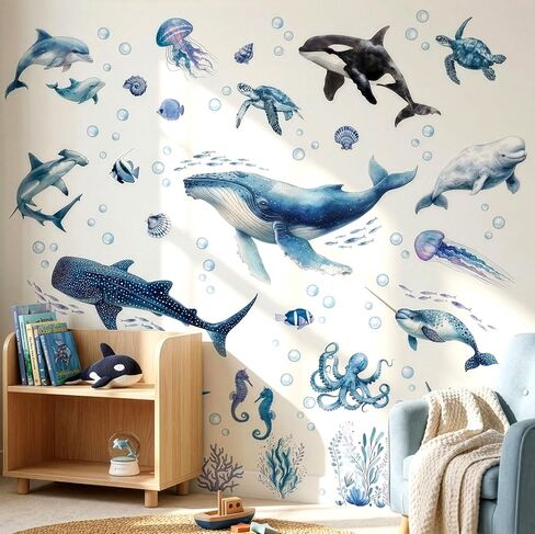 ملصقات جدارية لحيوانات المحيط من DECOWALL - ملصقات جدارية للحياة البحرية للحوت والقرش والدلافين بألوان مائية لغرفة نوم الأطفال والحضانة وغرفة اللعب، لوحة فنية جدارية تعليمية قابلة للتقشير واللصق (SG2-2518) in Kuwait