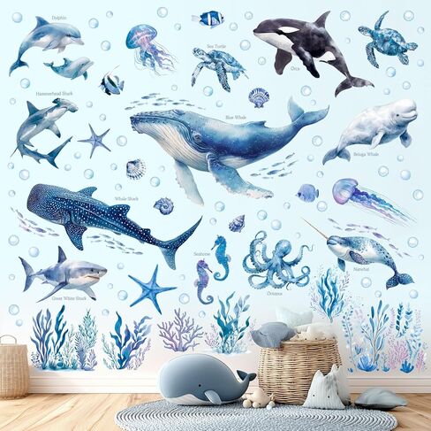 ملصقات جدارية لحيوانات المحيط من DECOWALL - ملصقات جدارية للحياة البحرية للحوت والقرش والدلافين بألوان مائية لغرفة نوم الأطفال والحضانة وغرفة اللعب، لوحة فنية جدارية تعليمية قابلة للتقشير واللصق (SG2-2518) in Kuwait