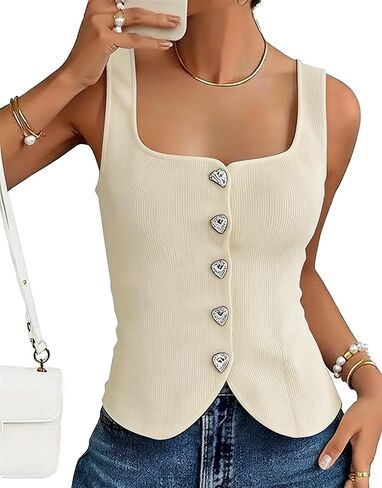 Lingswallow Casual Vest Tops for Women Square Neck Button Down Work Sweater Vests Sleeveless Cropped Knit Slim Fit Tank Top in Saudi Arabia