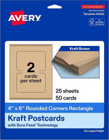 Avery Printable Rectangle Cards with Rounded Corners with Sure Feed Technology, 4" x 6", Kraft Brown Cardstock, Print-to-the-Edge, Laser/Inkjet, 20 Total, Great for Postcards and Thank You Cards in Saudi Arabia