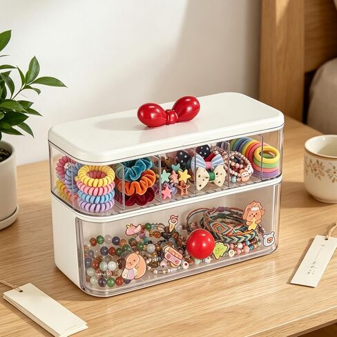 Rainme Hair Accessories Organizer for Girls, Clear Plastic Hair Bow Tie Clip Scrunchie Holder Organizer with Dividers Multi Purpose Storage Box Women Vanity Accessories for Caddy Box Bathroom Bedroom in Kuwait