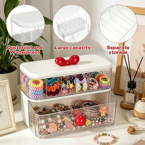 Rainme Hair Accessories Organizer for Girls, Clear Plastic Hair Bow Tie Clip Scrunchie Holder Organizer with Dividers Multi Purpose Storage Box Women Vanity Accessories for Caddy Box Bathroom Bedroom in Kuwait