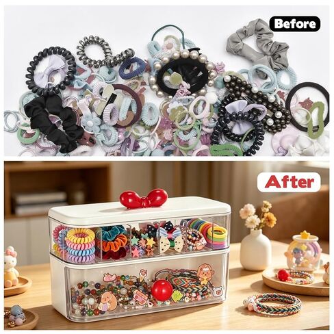 Rainme Hair Accessories Organizer for Girls, Clear Plastic Hair Bow Tie Clip Scrunchie Holder Organizer with Dividers Multi Purpose Storage Box Women Vanity Accessories for Caddy Box Bathroom Bedroom in Kuwait