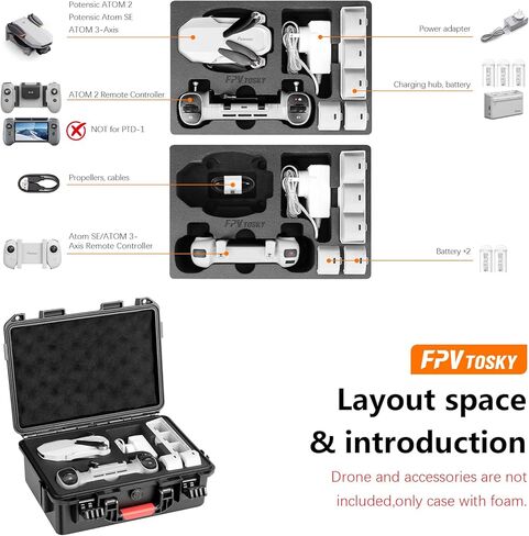 حافظة صلبة FPVtosky لجهاز Potensic Atom 2/3-Axis/SE/Atom LT Fly More Combo. حقيبة مقاومة للماء والصدمات يمكنها حمل جهاز التحكم عن بعد والبطاريات والشاحن والملحقات (الجراب فقط) in Kuwait