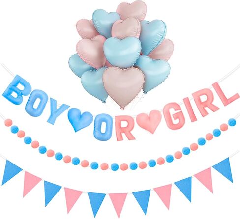 Gender Reveal Banner Set with Pre-Strung 3D Boy or Girl Felt Banner, Pom Pom Garland, Triangle Fabric Bunting, 12 PCS Pink Blue Heart Shaped Balloons, Baby Shower Decorations for Girls Boys Twins in Saudi Arabia