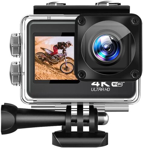 4K Action Camera - Dual Touch Screen, Underwater Sports Camera with WiFi, 170° Wide Angle,Vlogging Sports,Anti-Shake Long Battery Life - Free 64GB MicroSD Card in Kuwait