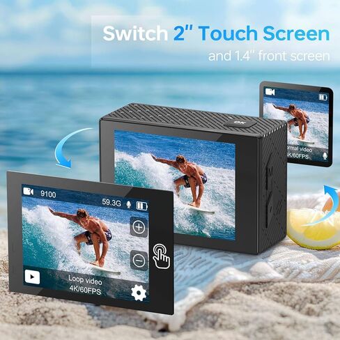 4K Action Camera - Dual Touch Screen, Underwater Sports Camera with WiFi, 170° Wide Angle,Vlogging Sports,Anti-Shake Long Battery Life - Free 64GB MicroSD Card in Kuwait