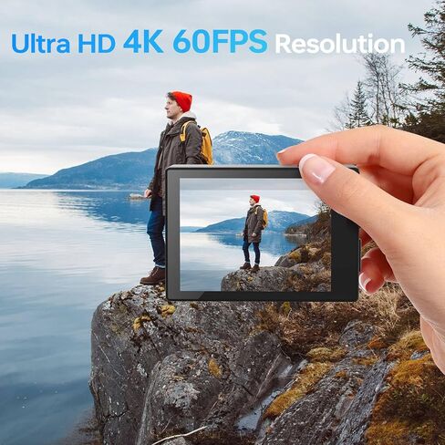 4K Action Camera - Dual Touch Screen, Underwater Sports Camera with WiFi, 170° Wide Angle,Vlogging Sports,Anti-Shake Long Battery Life - Free 64GB MicroSD Card in Kuwait