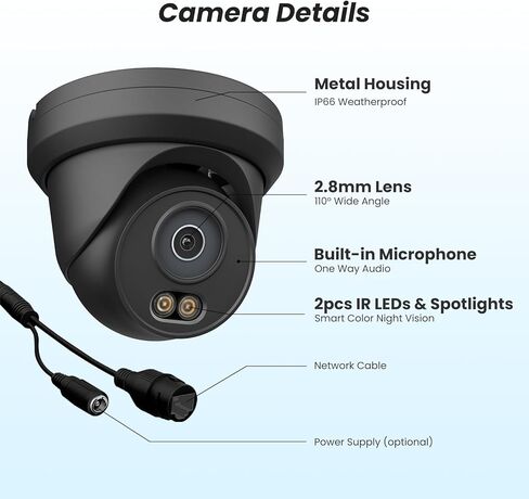 UNILOOK 4K 8MP PoE Security Camera, Turret IP Camera Outdoor Indoor Wired, 100ft Smart Color Night Vision, Human/Vehicle Detection, IP66, Built-in Audio, @20fps, Wide Angle, Full Metal, NDAA (Black) in Kuwait