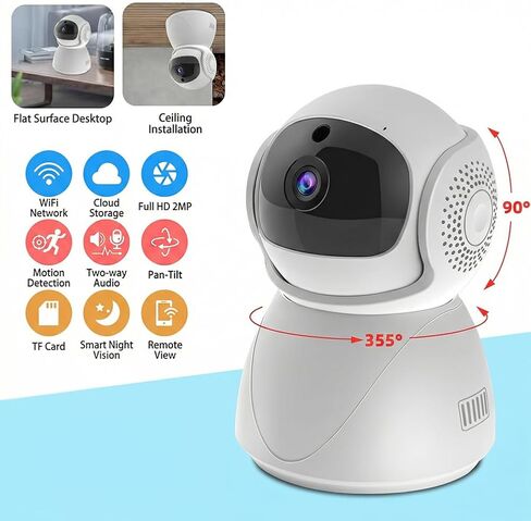 Indoor Security Camera, 1080P HD, 360°Motion Detection, Color Night Vision, 1-Way Audio Siren, Cloud/SD Storage, 2.4G WiFi in Kuwait