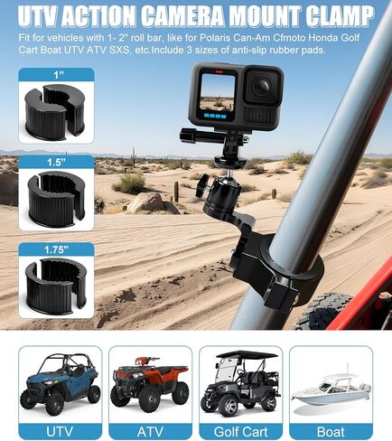 حامل تثبيت بمشبك كاميرا ألومنيوم UTV يناسب GoPro Hero 13 12 11 10 9 8 7 6 5 4 3 DJI Osmo Arlo Akaso EK7000 Insta360 Cams، مشابك شريط لف 1-2 بوصة لـ SXS Polaris Ranger Can-Am CF Moto in Kuwait