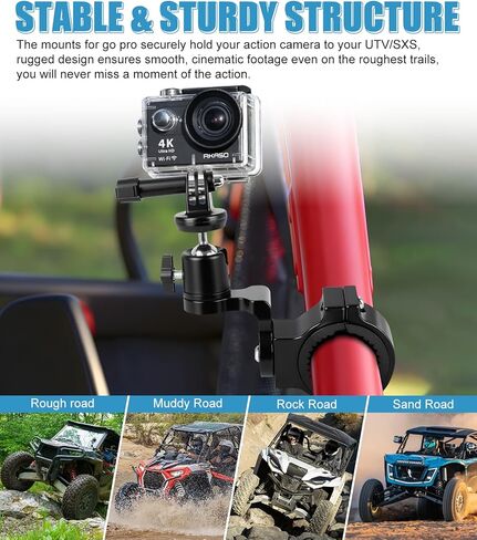 حامل تثبيت بمشبك كاميرا ألومنيوم UTV يناسب GoPro Hero 13 12 11 10 9 8 7 6 5 4 3 DJI Osmo Arlo Akaso EK7000 Insta360 Cams، مشابك شريط لف 1-2 بوصة لـ SXS Polaris Ranger Can-Am CF Moto in Kuwait