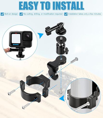 حامل تثبيت بمشبك كاميرا ألومنيوم UTV يناسب GoPro Hero 13 12 11 10 9 8 7 6 5 4 3 DJI Osmo Arlo Akaso EK7000 Insta360 Cams، مشابك شريط لف 1-2 بوصة لـ SXS Polaris Ranger Can-Am CF Moto in Kuwait