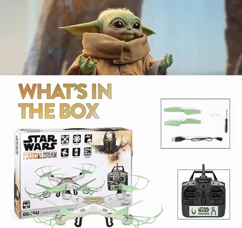 طائرة بدون طيار Star Wars The Mandalorian Grogu Baby Yoda RC Quadcopter - 2.4 جيجا هرتز 4.5 قناة بدون طيار بجهاز تحكم عن بعد مع أوضاع فليب ستانت، جيروسكوبي مدمج وشحن USB - للأطفال من سن 6 سنوات فما فوق in Kuwait