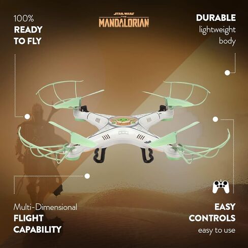 طائرة بدون طيار Star Wars The Mandalorian Grogu Baby Yoda RC Quadcopter - 2.4 جيجا هرتز 4.5 قناة بدون طيار بجهاز تحكم عن بعد مع أوضاع فليب ستانت، جيروسكوبي مدمج وشحن USB - للأطفال من سن 6 سنوات فما فوق in Kuwait