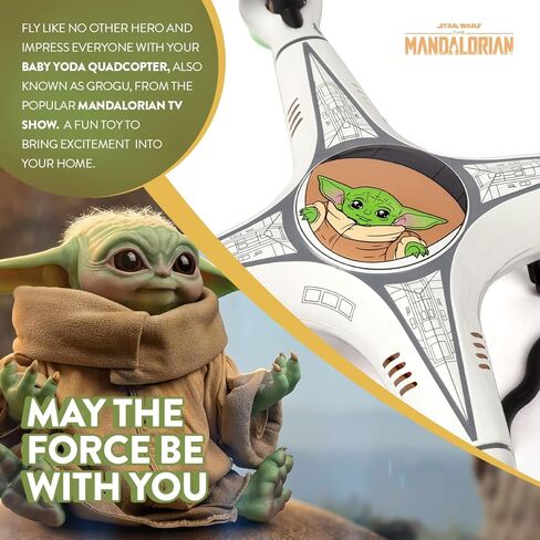 طائرة بدون طيار Star Wars The Mandalorian Grogu Baby Yoda RC Quadcopter - 2.4 جيجا هرتز 4.5 قناة بدون طيار بجهاز تحكم عن بعد مع أوضاع فليب ستانت، جيروسكوبي مدمج وشحن USB - للأطفال من سن 6 سنوات فما فوق in Kuwait