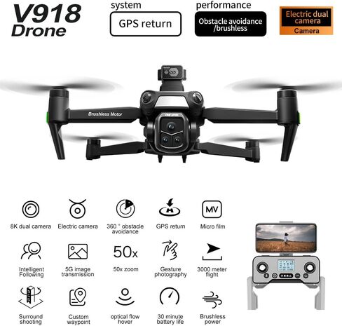 طائرة بدون طيار GPS مع كاميرا 4K HD للبالغين، طائرات بدون طيار RC مع تجنب العوائق 360 درجة، وضع مقطوعة الرأس، إرجاع تلقائي، طيران دائري واتبعني، خفيفة الوزن قابلة للطي تحت 250 جرام طائرات بدون طيار V918 Mini RC Quadcopter للمبتدئين هدايا عيد ميلاد رائعة in Kuwait