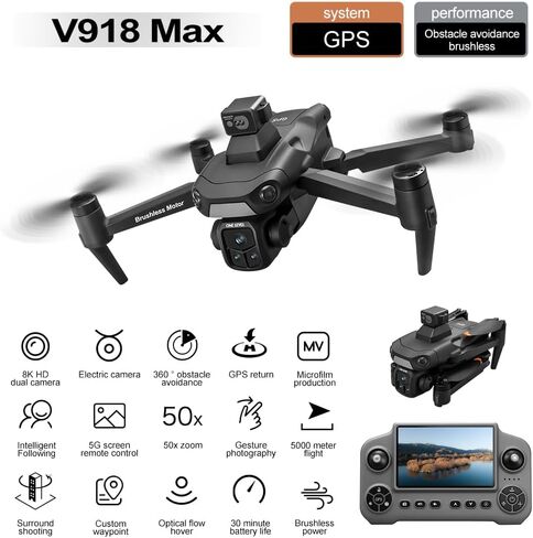 طائرة بدون طيار GPS مع كاميرا ثلاثية HD 1080P وشاشة تحكم عن بعد 5G، تجنب عوائق الليزر بزاوية 360 درجة ونظام تحديد المواقع العالمي للإرجاع التلقائي والتصوير الجوي القابل للطي RC Quadcopter V918 MAX Hobby Drone للبالغين مع بطاريتين in Kuwait