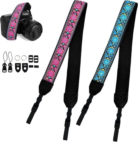 2-Pack Camera Strap for Canon, Wide, Leather and Suede Padded with Floral Embroidery Other DSLR and Mirrorless Cameras in Kuwait