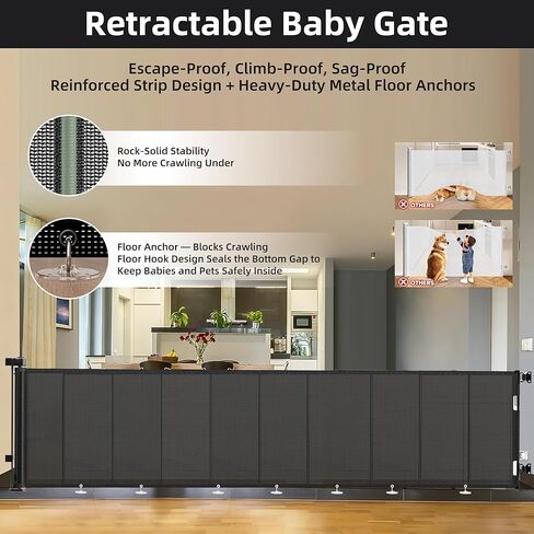 Retractable Baby & Pet Gate, 236″L x 42″H Extra Wide Mesh Retractable Dog Gate, 7 Reinforced Rods & Suction Cups, Safety Lock, One-Hand Operation,16 FT Easy Install for Indoor Outdoor, Black in Kuwait