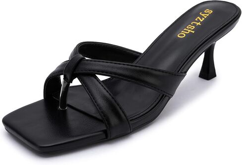 syztsho Women's Kitten Heel Sandals Low Heels Slip On Slides Square Open Toe Heeled Mules Casual Dress Vacation Comfortable Shoes in Kuwait