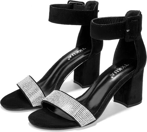 Women's One Strap High Heel Sandals, Rhinestone Strap, Open Toe Block Heel Wedding Party Sandals in Saudi Arabia