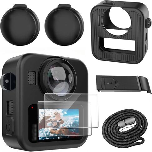 حافظة واقية من السيليكون لجهاز GoPro Max 2 مع تصميم مفتوح الفتحة ومجموعة ملحقات واقية - تتضمن واقي شاشة من الزجاج المقوى 9H وغطاء عدسة وغطاء بطارية وحبل قابل للتعديل (أسود) in Kuwait