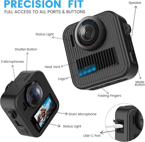 حافظة واقية من السيليكون لجهاز GoPro Max 2 مع تصميم مفتوح الفتحة ومجموعة ملحقات واقية - تتضمن واقي شاشة من الزجاج المقوى 9H وغطاء عدسة وغطاء بطارية وحبل قابل للتعديل (أسود) in Kuwait
