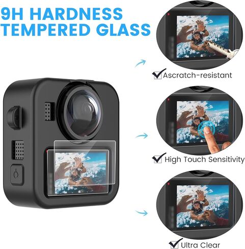 حافظة واقية من السيليكون لجهاز GoPro Max 2 مع تصميم مفتوح الفتحة ومجموعة ملحقات واقية - تتضمن واقي شاشة من الزجاج المقوى 9H وغطاء عدسة وغطاء بطارية وحبل قابل للتعديل (أسود) in Kuwait
