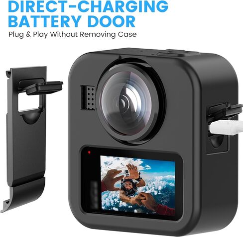 حافظة واقية من السيليكون لجهاز GoPro Max 2 مع تصميم مفتوح الفتحة ومجموعة ملحقات واقية - تتضمن واقي شاشة من الزجاج المقوى 9H وغطاء عدسة وغطاء بطارية وحبل قابل للتعديل (أسود) in Kuwait