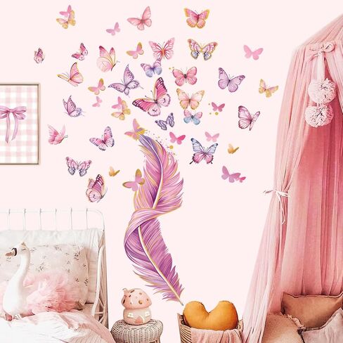 decalmile Colorful Butterflies Wall Decals Pink Feather Wall Stickers Baby Nursery Girls Bedroom Bathroom Wall Decor in Kuwait