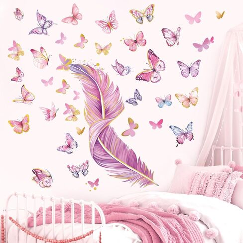 decalmile Colorful Butterflies Wall Decals Pink Feather Wall Stickers Baby Nursery Girls Bedroom Bathroom Wall Decor in Kuwait