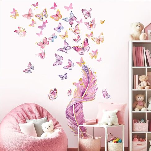 decalmile Colorful Butterflies Wall Decals Pink Feather Wall Stickers Baby Nursery Girls Bedroom Bathroom Wall Decor in Kuwait