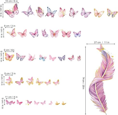 decalmile Colorful Butterflies Wall Decals Pink Feather Wall Stickers Baby Nursery Girls Bedroom Bathroom Wall Decor in Kuwait