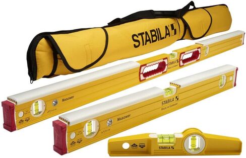 مجموعة Stabila 48296 Mason تشتمل على 36448 - مستوى ماسون 48 بوصة مع درع من النفخ الميت، و36424 مستوى ماسون مع درع من النفخ الميت، و25100 طوربيد مصبوب و30015 حقيبة حمل صفراء in Saudi Arabia