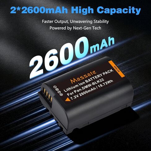 2 حزمة بطارية DMW-BLK22 بقدرة 2600 مللي أمبير في الساعة وشاحن سريع LED PD20W - طاقة كاملة 2.5 ساعة، بطارية DMW BLK22 لباناسونيك لوميكس GH5، GH5 II، GH6، GH7، S5، S5II، S5 IIX، S9، G9 II، S5M2 GH5M2 in Kuwait