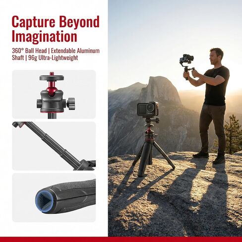 حامل ثلاثي صغير قابل للتمديد لـ DJI Action 5 Pro/Action 4/Action 3، حامل ثلاثي القوائم محمول خفيف الوزن مع محول تركيب كاميرا الحركة، حامل ABS وسبائك الألومنيوم لصور سيلفي Vlog (أسود شفق) in Kuwait