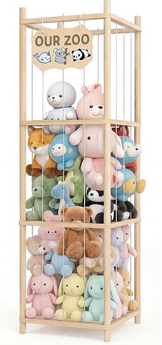 Stuffed Animal Storage Holder, Kids Plushies Toy Storage Organizer with Cute Sticker, 54In Wood Stuffed Animal Zoo Storage, Toy Shelf for Boys Girls, Ideal for Nursery, Playroom, Bedroom, Toddler Room in Kuwait