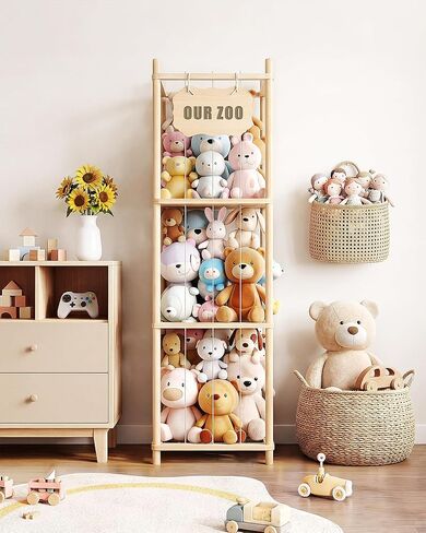 Stuffed Animal Storage Holder, Kids Plushies Toy Storage Organizer with Cute Sticker, 54In Wood Stuffed Animal Zoo Storage, Toy Shelf for Boys Girls, Ideal for Nursery, Playroom, Bedroom, Toddler Room in Kuwait