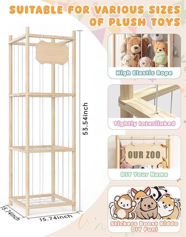 Stuffed Animal Storage Holder, Kids Plushies Toy Storage Organizer with Cute Sticker, 54In Wood Stuffed Animal Zoo Storage, Toy Shelf for Boys Girls, Ideal for Nursery, Playroom, Bedroom, Toddler Room in Kuwait